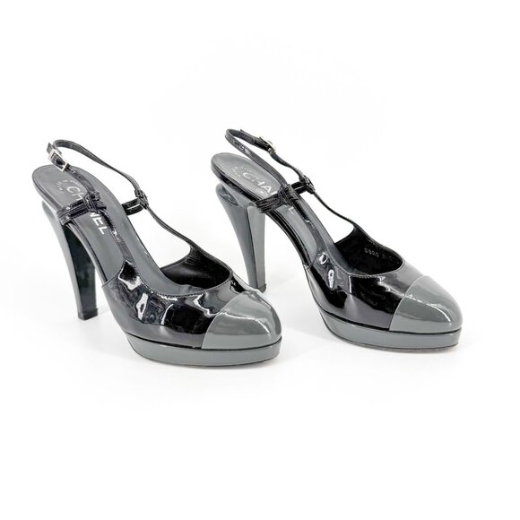 Chanel Cap Toe Slingback Pump Size 38.5 US 7.5-8 Black Patent Platform High Heel - Picture 1 of 14